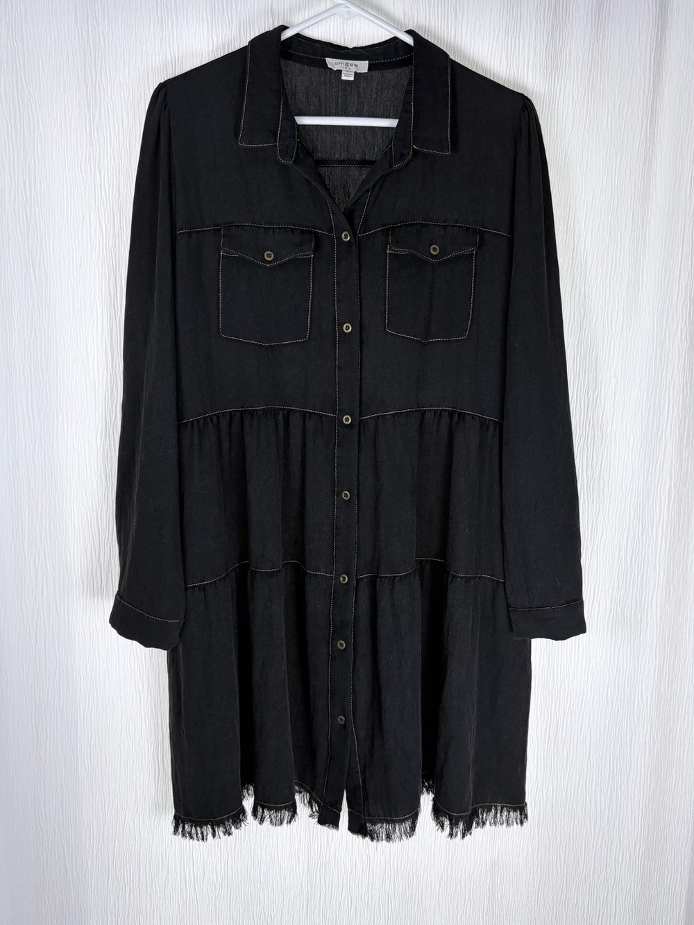Umgee BlackTiered Shirt-Dress, Fringe Hem, Size Large